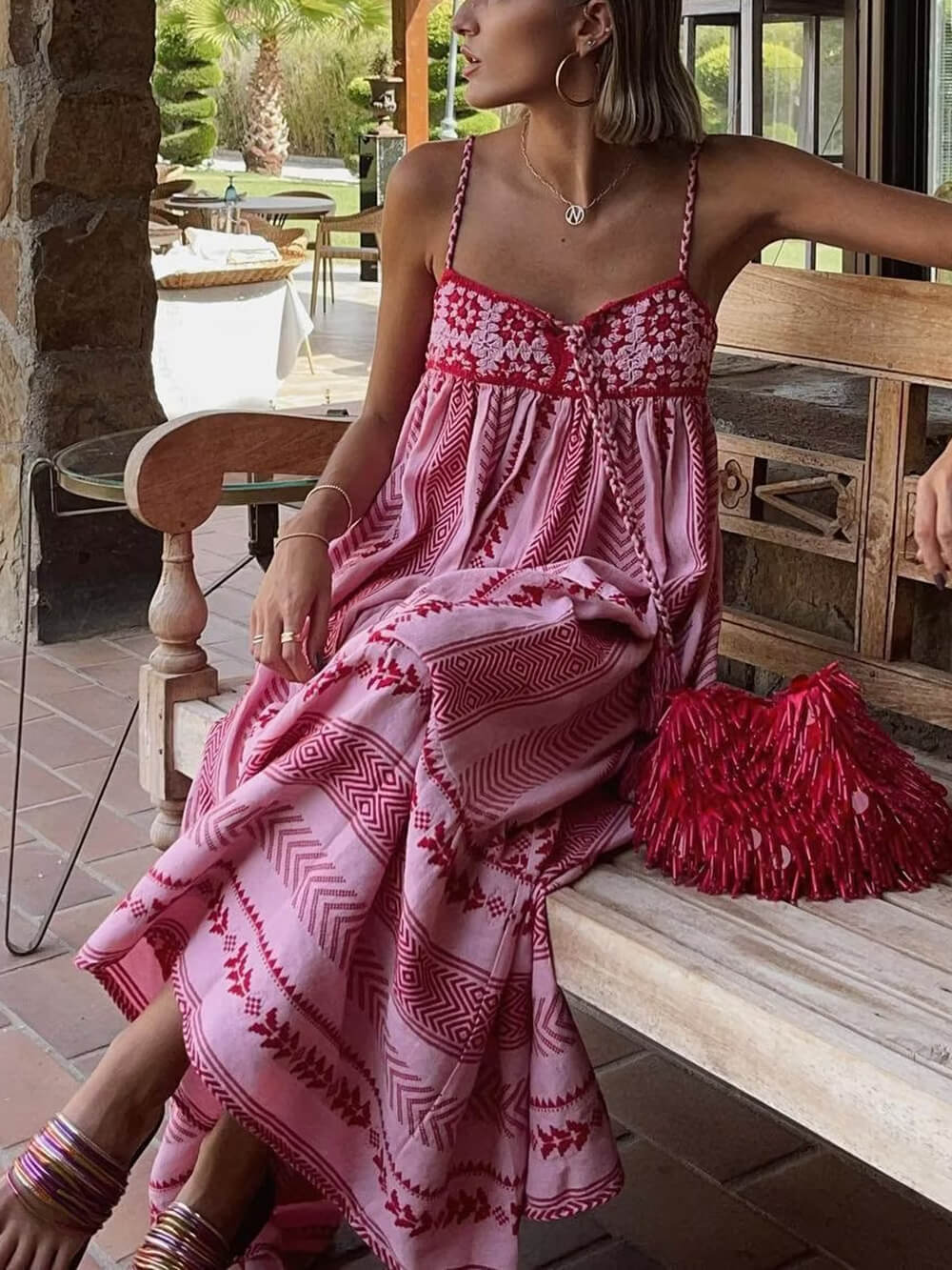 Crochet Patchwork Ethnic Style Knitted Slip Maxi Dress